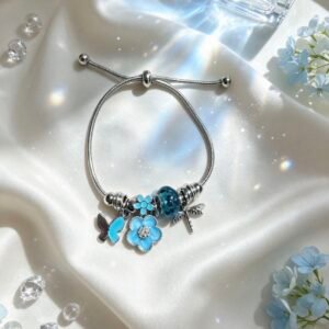 PULSERA PLATEADA CON DIJES DE LIBELULA Y FLORES CON PIEDRAS MARIPOSA TURQUESA GGL-0001