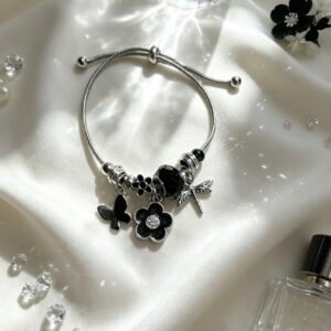 PULSERA PLATEADA CON DIJES DE LIBELULA Y FLORES CON PIEDRAS MARIPOSA NEGRA GGL-0001