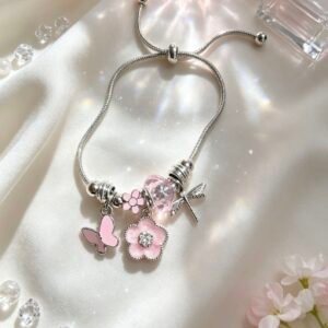 PULSERA PLATEADA CON DIJES DE LIBELULA Y FLORES CON PIEDRAS MARIPOSA ROSA GLL-0001