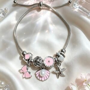 PULSERA PLATEADA CON DIJES DE CONCHA CON PERLA Y ESTRELLA DE MAR MARIPOSA ROSA GGL-0001