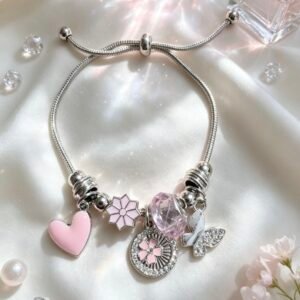 PULSERA PLATEADA CON DIJER DE MEDALLON REDONDO CON PIEDRAS CORAZON ROSA GGL-0001