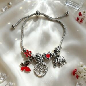 PULSERA PLATEADA CON DIJER DE ARBOL DE VIDA ELEFANTE PLATEADO MARIPOSA ROJO GGL-0001