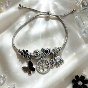 PULSERA PLATEADA CON DIJER DE ARBOL DE VIDA ELEFANTE PLATEADO MARIPOSA NEGRA GGL-0002
