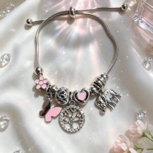 PULSERA PLATEADA CON DIJER DE ARBOL DE VIDA ELEFANTE PLATEADO MARIPOSA ROSA GGL-0001