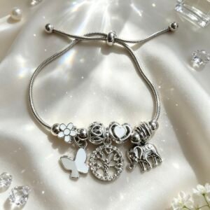 PULSERA PLATEADA CON DIJER DE ARBOL DE VIDA ELEFANTE PLATEADO MARIPOSA BLANCA GGL-0001