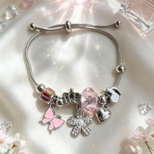 PULSERA PLATEADA CON DIJER DE FLOR CON PIEDRAS CORAZON3D MARIPOSA ROSA GGL-0001