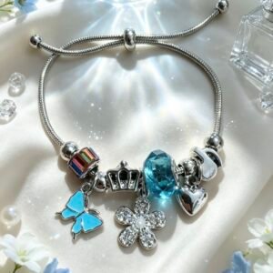 PULSERA PLATEADA CON DIJER DE FLOR CON PIEDRAS CORAZON3D MARIPOSA TURQUESA GGL-0001