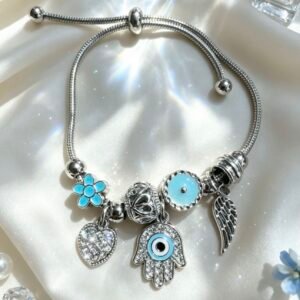 PULSERA PLATEADA CON DIJER DE MANO DE FATIMA OJO MALVADO Y ALA DE ANGEL TURQUESA GGL-0001