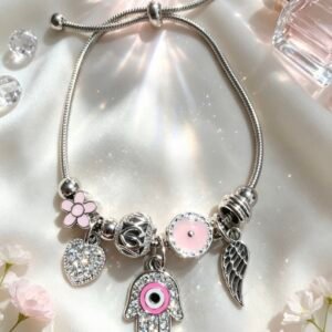 PULSERA PLATEADA CON DIJER DE MANO DE FATIMA OJO MALVADO Y ALA DE ANGEL ROSA GGL-0001