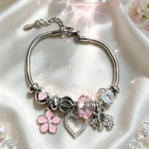 PULSERA PLATEADA CON DIJER DE CORAZON HUECO ELEFANTE CON BRILLANTE FLOR ROSA GGL-0002
