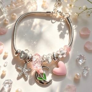 PULSERA PLATEADA CON DIJES DE LUNA CON FLORES Y HOJAS VERDES CORAZON ROSA GGL-0002