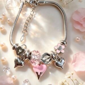PULSERA PLATEADA CON DIJES DE MULTIPLES CORAZONES METALICOS ROSA GGL-0002