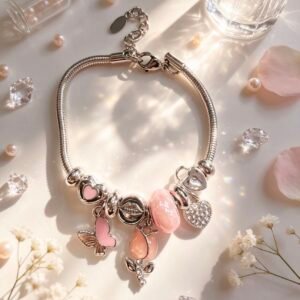 PULSERA PLATEADA CON DIJER DE CORAZON CON PIEDRAS MARIPOSA ROSAS ROSADAS GGL-0002