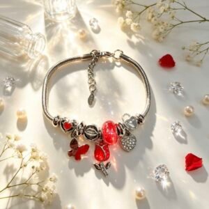 PULSERA PLATEADA CON DIJER DE CORAZON CON PIEDRAS MARIPOSA ROSA ROJA GGL-0002
