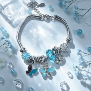 PULSERA PLATEADA CON DIJER DE ARBOL DE VIDA MARIPOSA FLOR TURQUESA GGL-0002