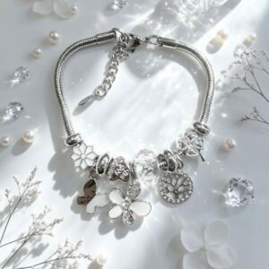 PULSERA PLATEADA CON DIJER DE ARBOL DE VIDA MARIPOSA FLOR BLANCA GGL-0002