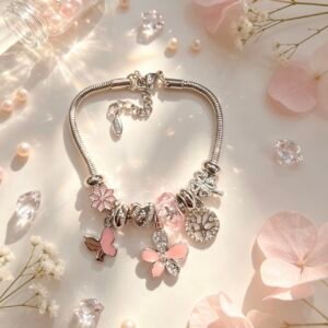 PULSERA PLATEADA CON DIJER DE ARBOL DE VIDA MARIPOSA FLOR ROSA GGL-0002