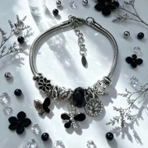 PULSERA PLATEADA CON DIJER DE ARBOL DE VIDA MARIPOSA FLOR NEGRA GGL-0002