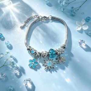 PULSERA PLATEADA CON DIJER DE ELEFANTE SOL SONRIENTE FLOR TURQUESA GGL-0002