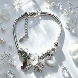 PULSERA PLATEADA CON DIJER DE MARIPOSA FLOR BRILLANTE CORAZON BLANCO GGL-0002