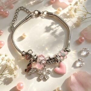 PULSERA PLATEADA CON DIJER DE MARIPOSA FLOR BRILLANTE CORAZON ROJO GGL-0002