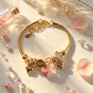 PULSERA DORADA CON DIJER DE CORAZON EN FORMA DE V ROSA GGL-0003