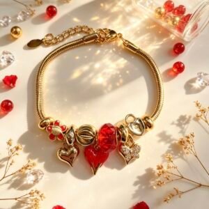 PULSERA DORADA CON DIJER DE CORAZON EN FORMA DE V ROJO GGL-0003