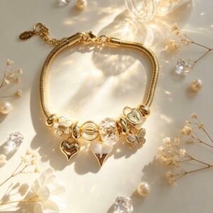 PULSERA DORADA CON DIJER DE CORAZON EN FORMA DE V BLANCA GGL-0003