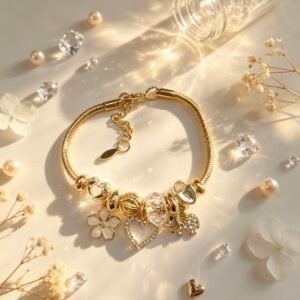 PULSERA DORADA CON DIJER DE CORAZON ELEFANTE FLOR BLANCA GGL-0003