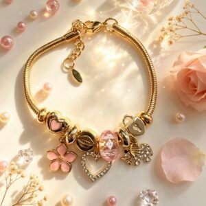 PULSERA DORADA CON DIJER DE CORAZON ELEFANTE FLOR ROSA GGL-0003