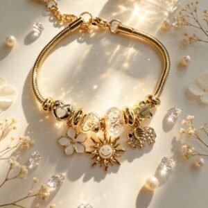 PULSERA DORADA CON DIJER DE SOL SONRIENTE ELEFANTE FLOR BLANCA GGL-0003
