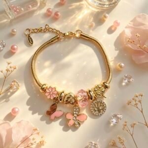 PULSERA DORADA CON DIJER DE ARBOL DE VIDA MARIPOSA FLOR ROSA GGL-0003