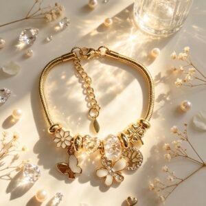 PULSERA DORADA CON DIJER DE ARBOL DE VIDA MARIPOSA FLOR BLANCA GGL-0003