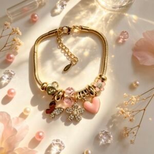 PULSERA DORADA CON DIJER DE MARIPOSA FLOR CON PIEDRAS CORAZON ROSA GGL-0003