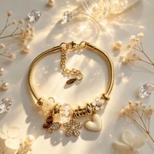PULSERA DORADA CON DIJER DE MARIPOSA FLOR CON PIEDRAS CORAZON BLANCA GGL-0003