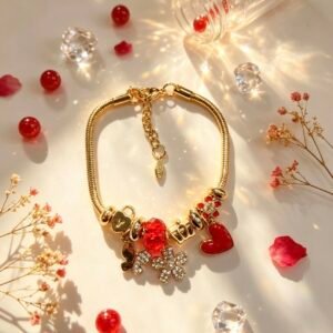 PULSERA DORADA CON DIJER DE MARIPOSA FLOR CON PIEDRAS CORAZON ROJO GGL-0003