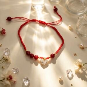 PULSERA DE HILO ROJO CON DIJES DE CORAZON PAVE Y BOLA ROJO VINO YYS-7001