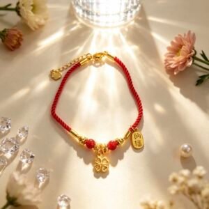 PULSERA DE HILO ROJO CON DIJES DE MEDALLON DORADA CON GRABADA DE BUENA FORTUNA YYS-7028