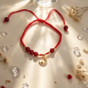 PULSERA DE HILO ROJO CON DIJES DE LUNA CRECIENTE DORADA CON CISNE YYS-7012