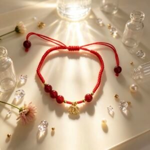 PULSERA DE HILO ROJO CON DIJES DE BOLA COLOR VINO TINTO Y DOBLE C DORADA YYS-7006