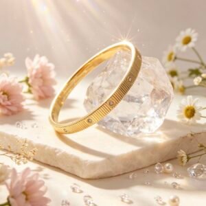 PULSERA TIPO CARTIER RIGIDA CON ESTRIAS Y STRASS DORADA MS-3006