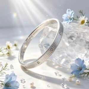 PULSERA TIPO CARTIER RIGIDA CON ESTRIAS Y STRASS PLATEADA MS-3006