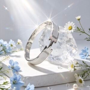 PULSERA RIGIDA TIPO HERMES PLATEADA MS-3017 BLANCO GRANDE