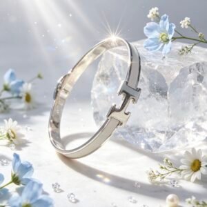 PULSERA RIGIDA TIPO HERMES PLATEADA MS-3017 BLANCO