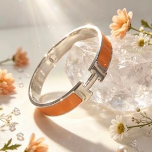 PULSERA RIGIDA TIPO HERMES PLATEADA MS-3017 NARANJA GRANDE