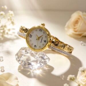 RELOJ PULSERA ESMALTADO TIPO CADENA CON STRASS DORADO MS-3054