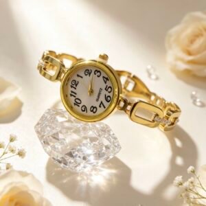 RELOJ PULSERA PARA MUJER CON NUMEROS ARABIGOS Y STRASS DORADO MS-3060