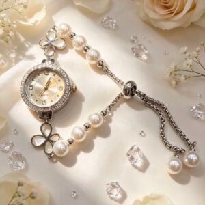 RELOJ PULSERA PLATEADO CON PERLAS MARIPOSA MS-3187