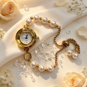 RELOJ PULSERA DORADO CON PERLAS ESFERA BLANCA Y DIJE AMBAR MS-3067