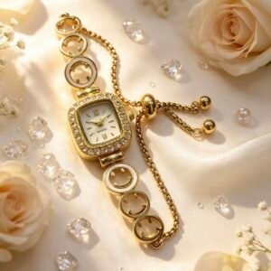 RELOJ PULSERA PARA MUJER CUADRADO ESFERA CON STRASS DORADO MS-3070